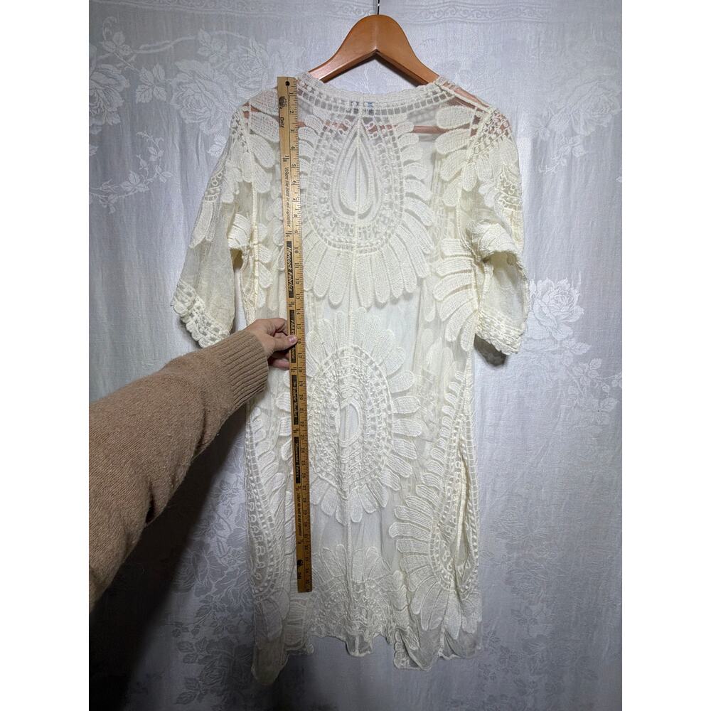 Rebellion Lace Cardigan Medium Cream Long Line Duster Open Short Sleeve Boho - Picture 7 of 7